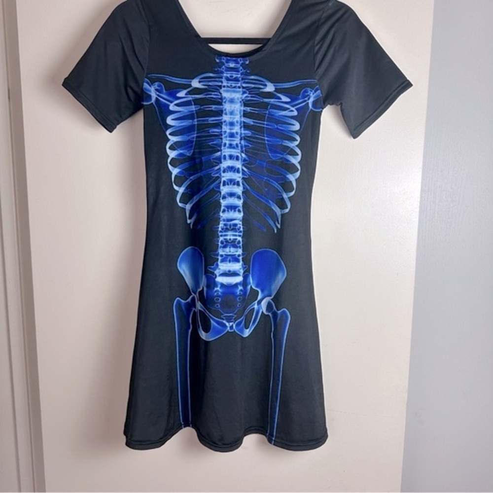Dolls Kill Black &Neon Blue What Lies Beneath X-Ray Skeleton Skater Dress Size S